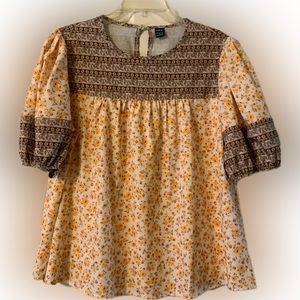 Boho Yellow Flower Babydoll Poof Sleeve Blouse